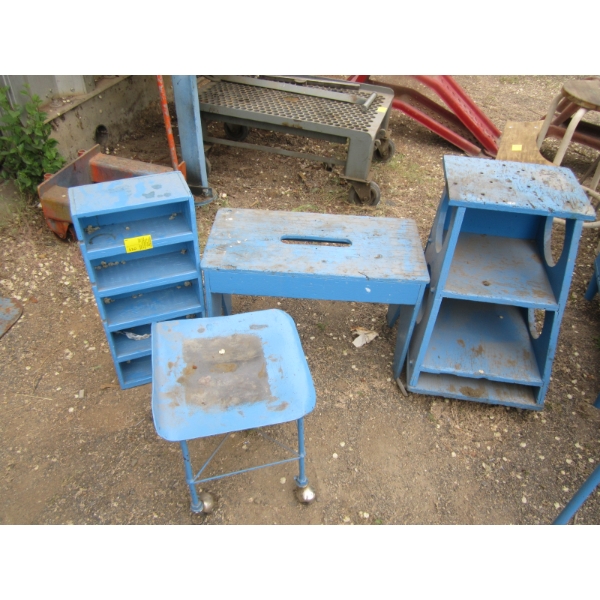 4 BLUE PAINTED ITEMS - STOOL, SM. SHELF, ETC.