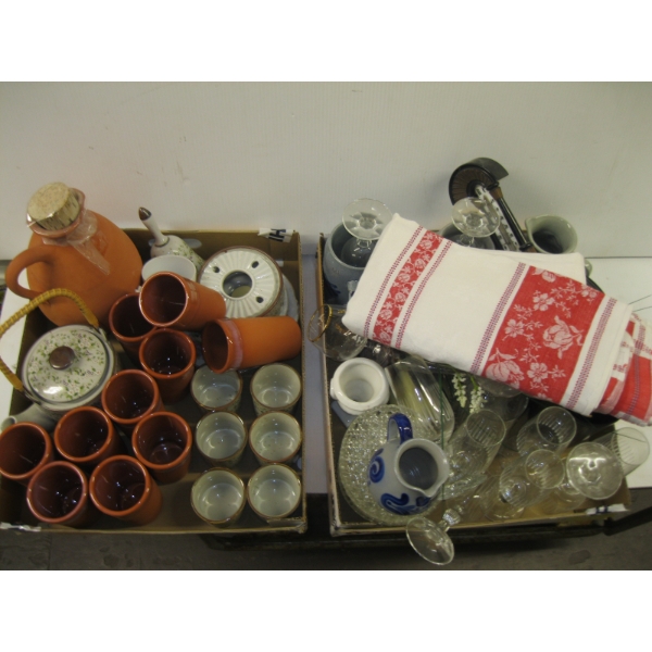 2 BOXES OF MISC. POTTERY GLASSES, DECANTER, WINEGLASSES, ETC.