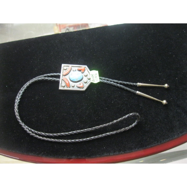 NAVAJO BOLO TIE W/CORAL & TURQUOISE STONES
