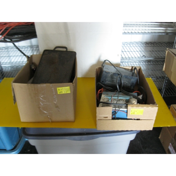 2 BOXES OF BATTERY CHARGERS, LIGHTBULBS, ETC.