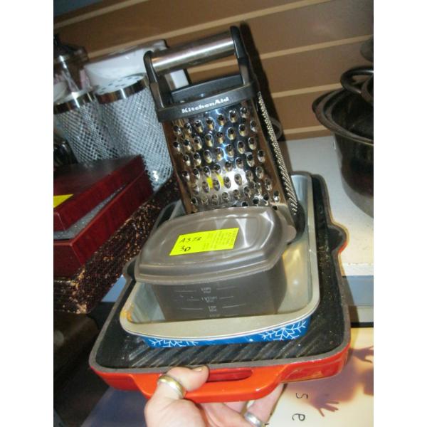 GRATER, BAKING DISHES & CAST IRON GRILL