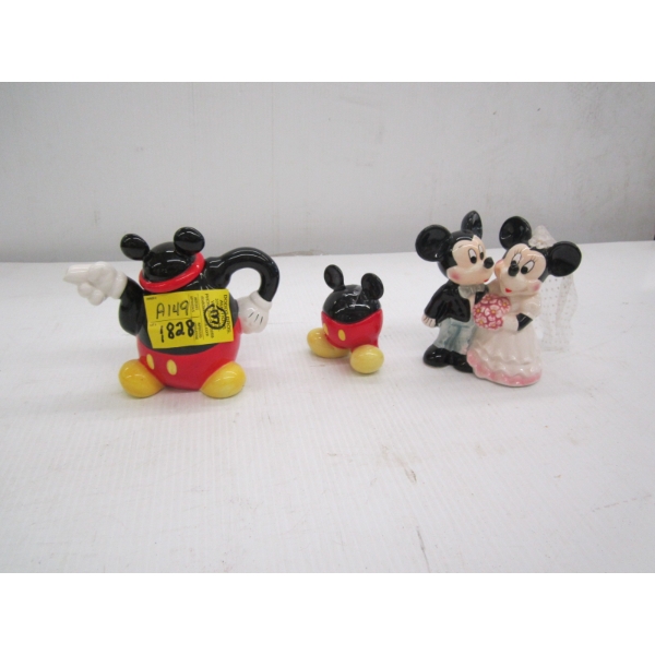 MICKEY MOUSE BRIDAL STATUE, 2 SALT SHAKERS & MICKEY MOUSE CREAMER W/LID