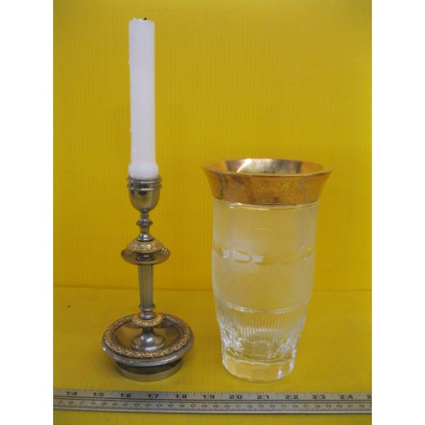 MOSERS CRYSTAL 24KT GOLD RIM VASE & A SINGLE CANDLE HOLDER