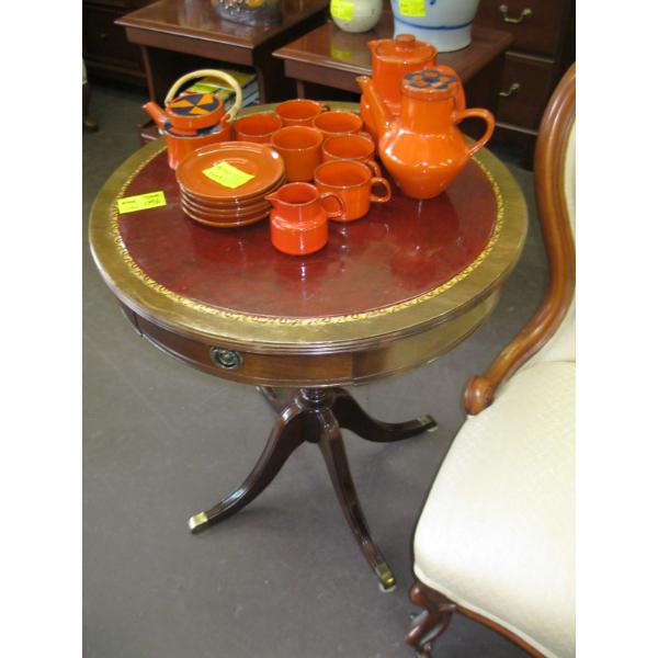 ANTIQUE DRUM TABLE W/LEATHER INLAY TOP & SINGLE DRAWER