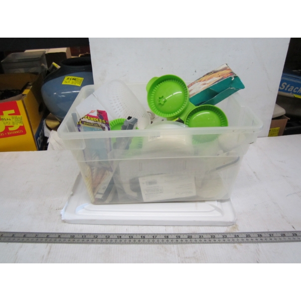 BIN W/ASST. CUTTERS, MEASURING SCOOPS, ETC.