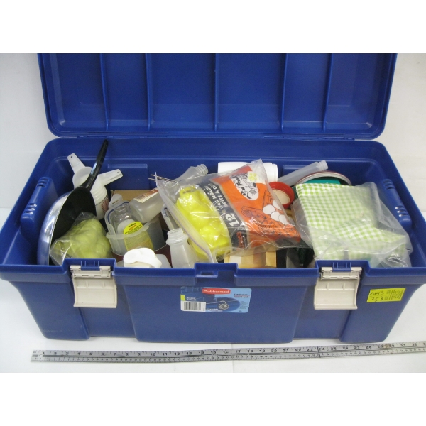 RUBBERMAID STORAGE BOX W/ASST. CAMPING ITEMS
