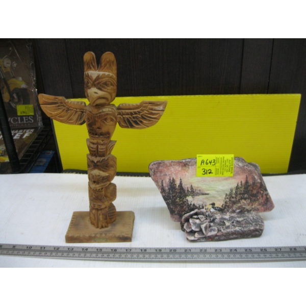 WOODEN CARVED TOTEM POLE & A PAINTED ROCK