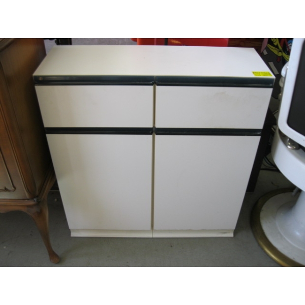 2 DRAWER CABINET W/LAUNDRY HAMPER & CABINET SHELF