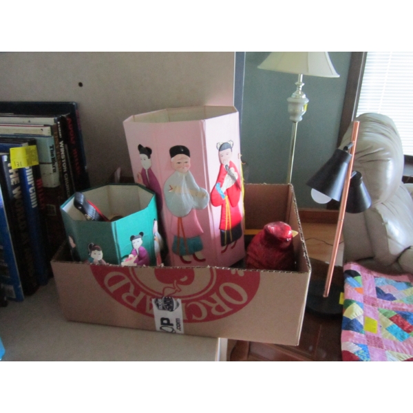 MISC. ASIAN FIGURINE, BUCKETS, FAN, ETC.