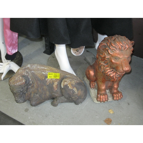 2 CEMENT FIGURINES: BUFFALO & LION