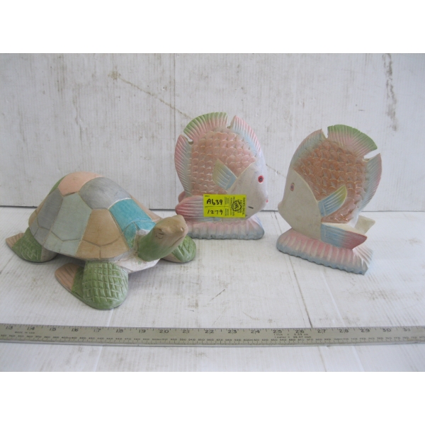 3 WOODEN CARVED PIECES - 2 FISH & A TURTLE