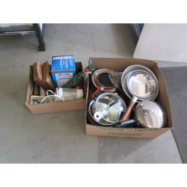 2 BOXES OF MISC. POTS/PANS, BLOOD PRESSURE MONITOR, ETC.