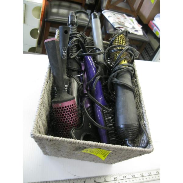 BASKET W/MISC. BRUSHES, CURLING IRONS, ETC.