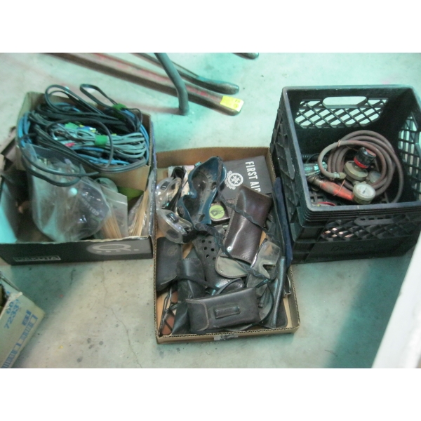 BASKET W/MISC. PLUMBER'S TORCH, ETC., BOX OF ASST. ELECTRICAL,  BOX OF SAFETY GOGGLES, ETC.