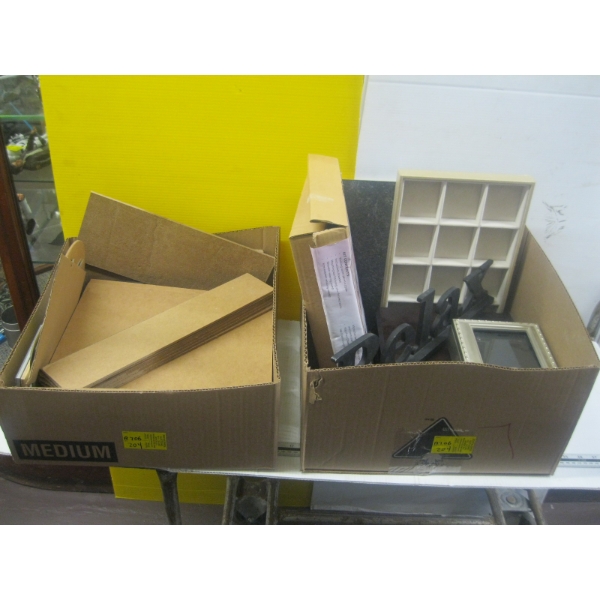2 BOXES OF ART BOARDS, JEWELLERY BOX, ETC.