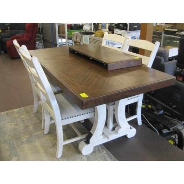 DARK WOOD TOP DINING TABLE W/4 LIGHT COLORED CHAIRS