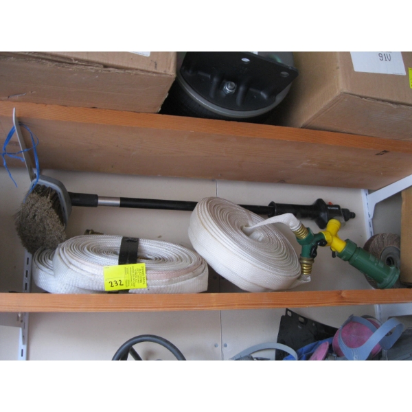 4 ROLLS OF GARDEN HOSE, WASHBRUSH, ETC.
