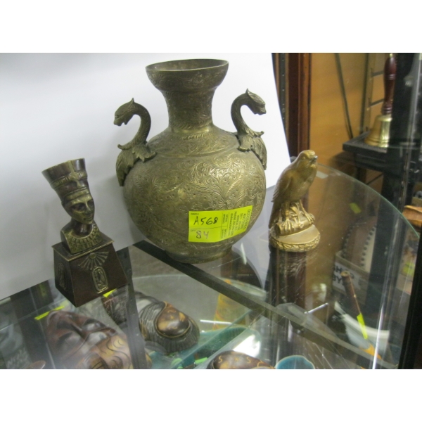 INTERESTING BRASS DRAGON HANDLE VASE & 2 SMALLER BRASS PIECES