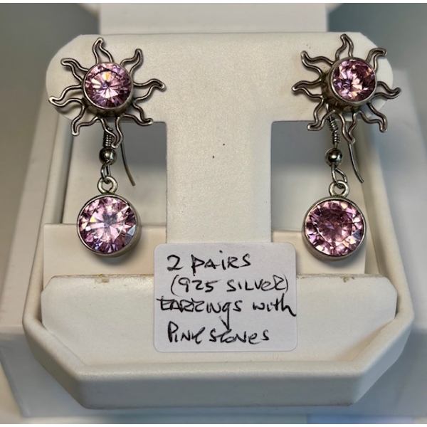 2 PAIRS OF .925 SILVER EARRINGS W/PINK STONES