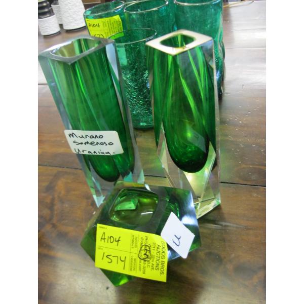 3 MURANO SOMMERSO URANIUM GLASS VASES
