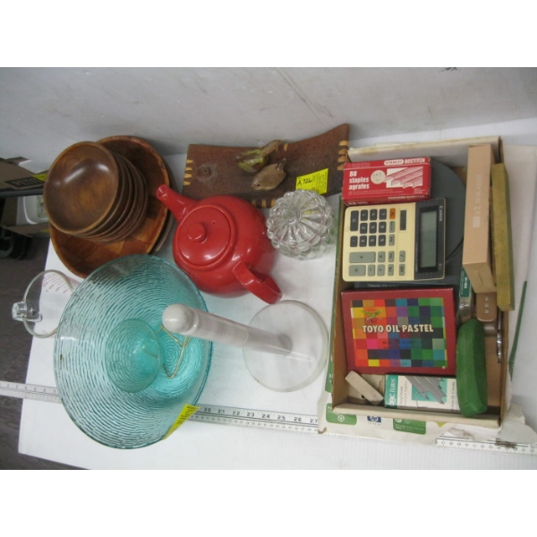 GLASSWARE, WOOD BOWLS, OFFICE SUPPLIES, ETC.