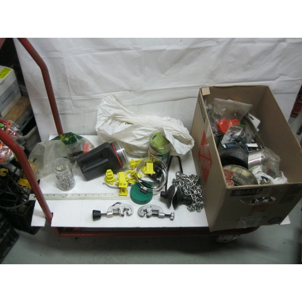BOX OF MISC. SOLDER, CHAIN, TENT PEGS, FLASHLIGHT, ETC.