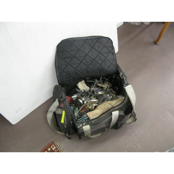BAG W/ASST. FISHING GEAR: COLLAPSIBLE ROD, REELS, ETC.