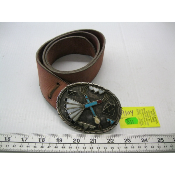 LEATHER BELT W/NAVAJO BELT BUCKLE, STAMPED SKJ