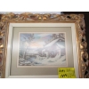 Image 2 : SM. GOLD FRAMED WINTER SCENE PICTURE OF RIVER & CABIN