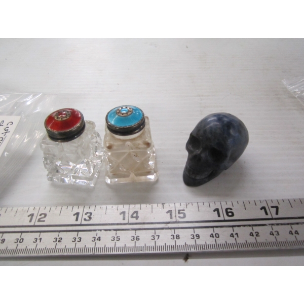 CUT CRYSTAL W/STERLING CAP SALT & PEPPER SHAKER & A COLLECTIBLE BLUE SKULL CARVING