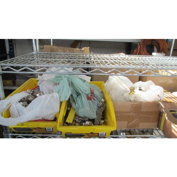 2 BINS & BOX OF ASST. CABINET DRAWER HARDWARE, HINGES, ETC.