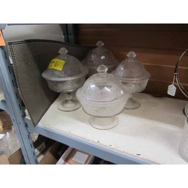 4 VINTAGE GLASS LIDDED CONTAINERS