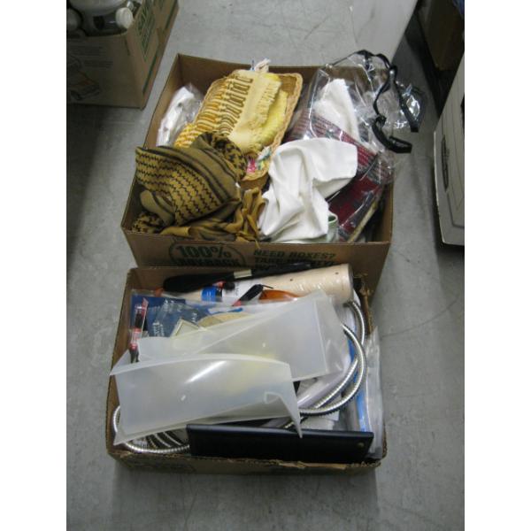2 BOXES OF MISC. TABLECLOTHS, BATHROOM SPRAYER, ETC.