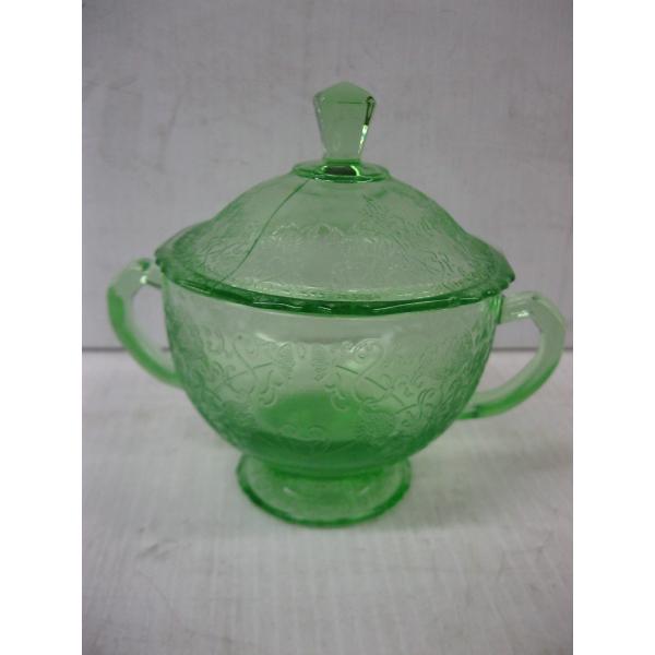 GREEN DEPRESSION DISH, CREAM & SUGAR & S&P SHAKERS