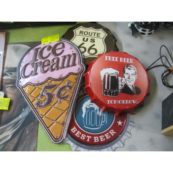 4 SIGNS: 3 BOTTLE CAP & AN ICE CREAM