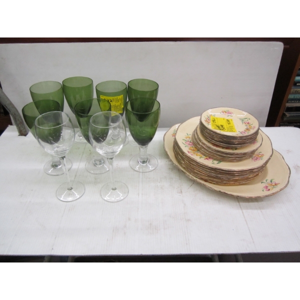 MARIGOLD ENGLISH CHINA DISHES & WINEGLASSES