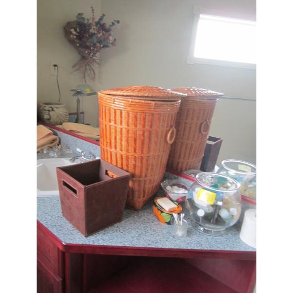 WICKER LAUNDRY HAMPER, STORAGE BOX, GLASS BOWLS, ETC.
