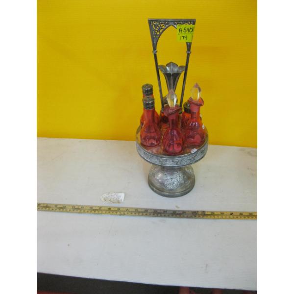 VINTAGE CRANBERRY GLASS 6 PIECE CRUET SET