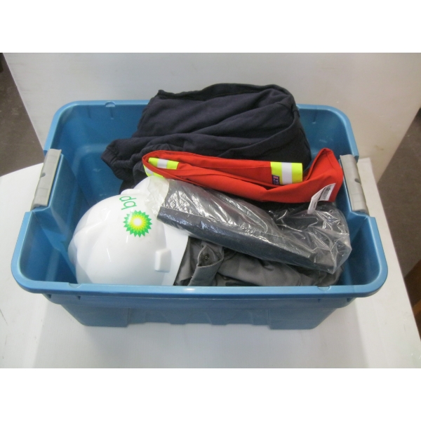BIN OF MISC. WORK CLOTHES - HELMET, ETC.
