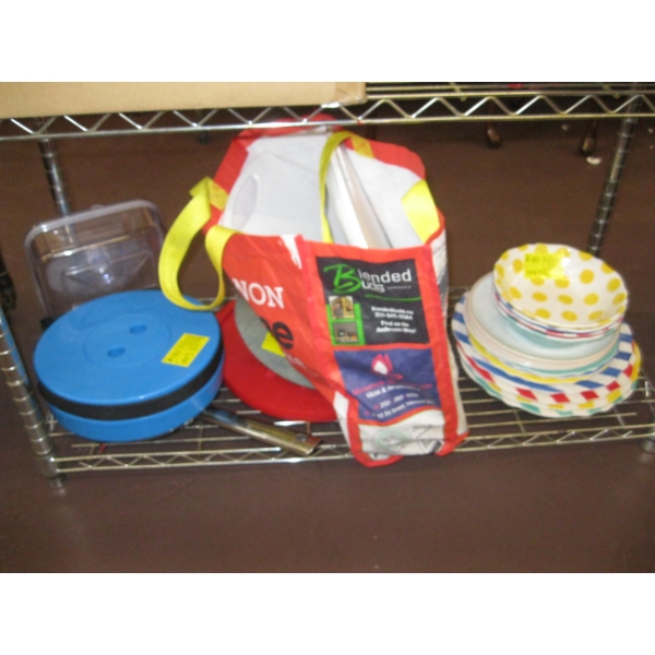 MISC. PLASTIC DISHWARE, FOLDING STOOL, MOLDS, ETC.