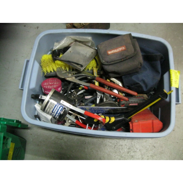 BIN W/MISC. MAGNETIC PICKER UPPER TOOLS, LASER LEVEL, ETC.