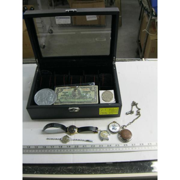 WATCH CASE W/MISC. CONTENTS - $1 BILL, POCKETWATCH, ETC.