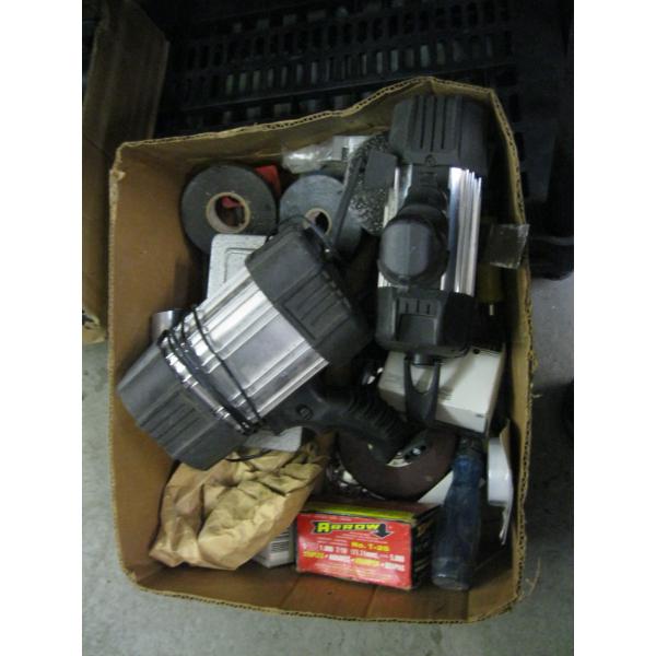 BOX OF MISC. STAPLES, TAPE MEASURES, LIGHTS, ETC.