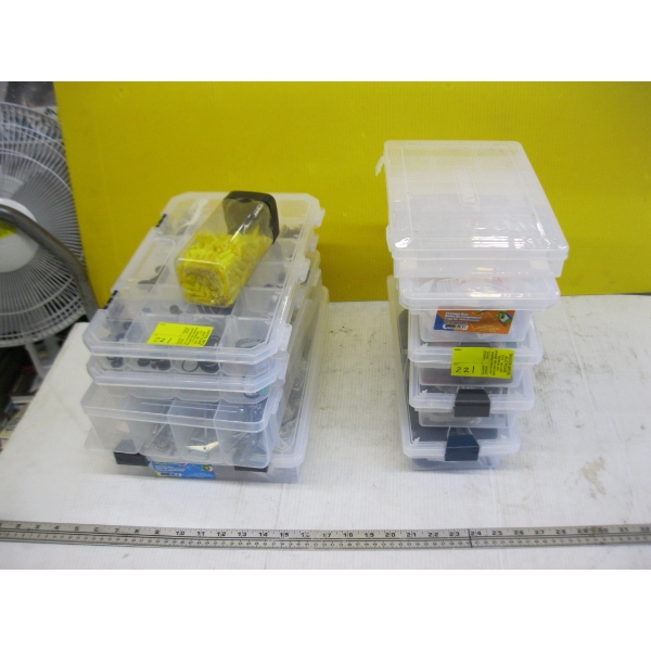 9 PLASTIC CONTAINERS W/MISC. 