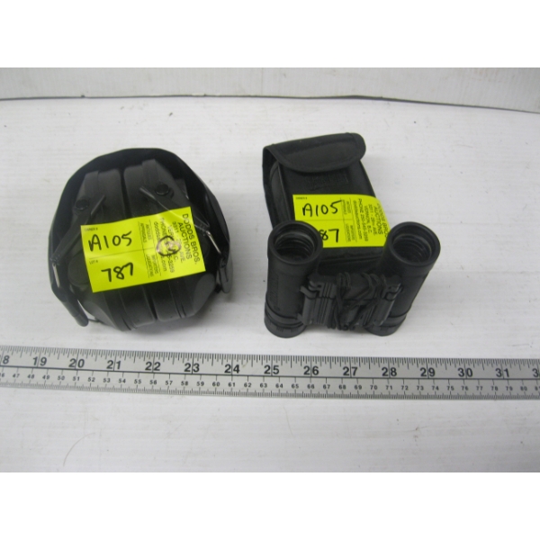 PAIR OF EAR PROTECTORS & SMALL PAIR OF FOLDING BUSHMASTER BINOCULARS