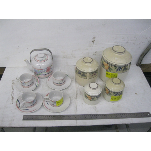 ASST. CANNISTER SET & TEAPOT, CUPS, SAUCERS