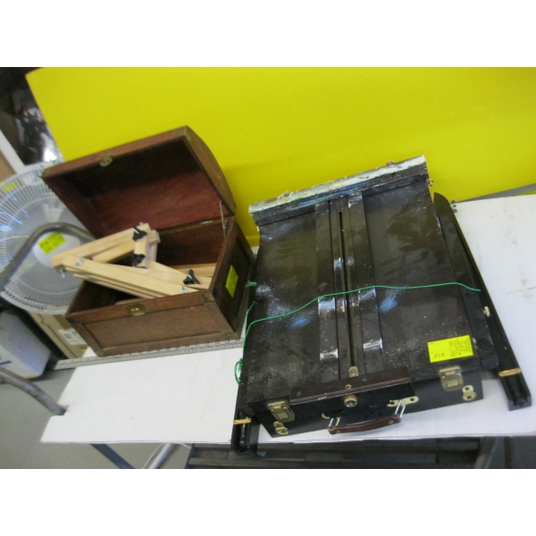 WOODEN EASEL & WOODEN SM. CHEST W/EASEL PARTS