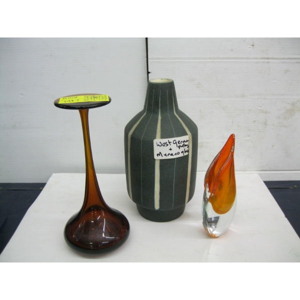 WEST GERMAN POTTERY VASE & 2 PIECES OF MURANO GLASS