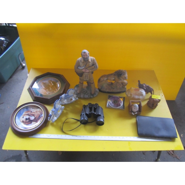 MISC. FIGURINES, BINOCULARS, ETC.