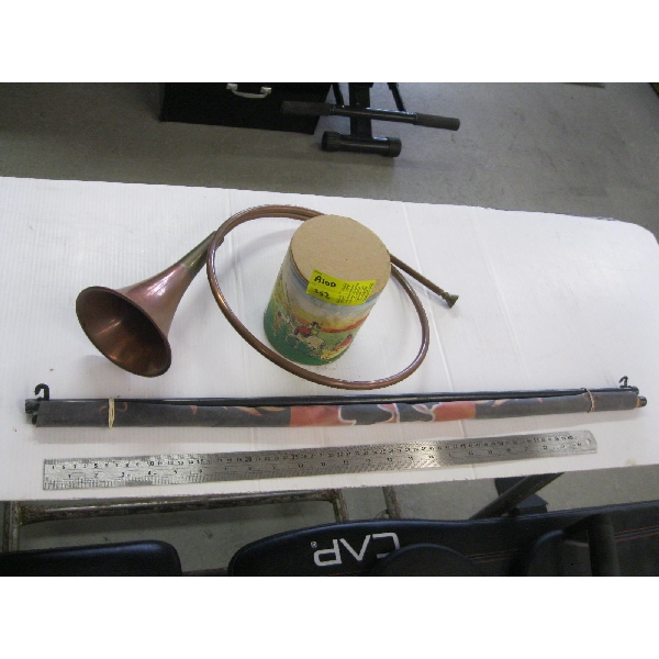 MISC. COPPER BUGLE, SHAKER TIN W/NATIVE DESIGN, ETC.
